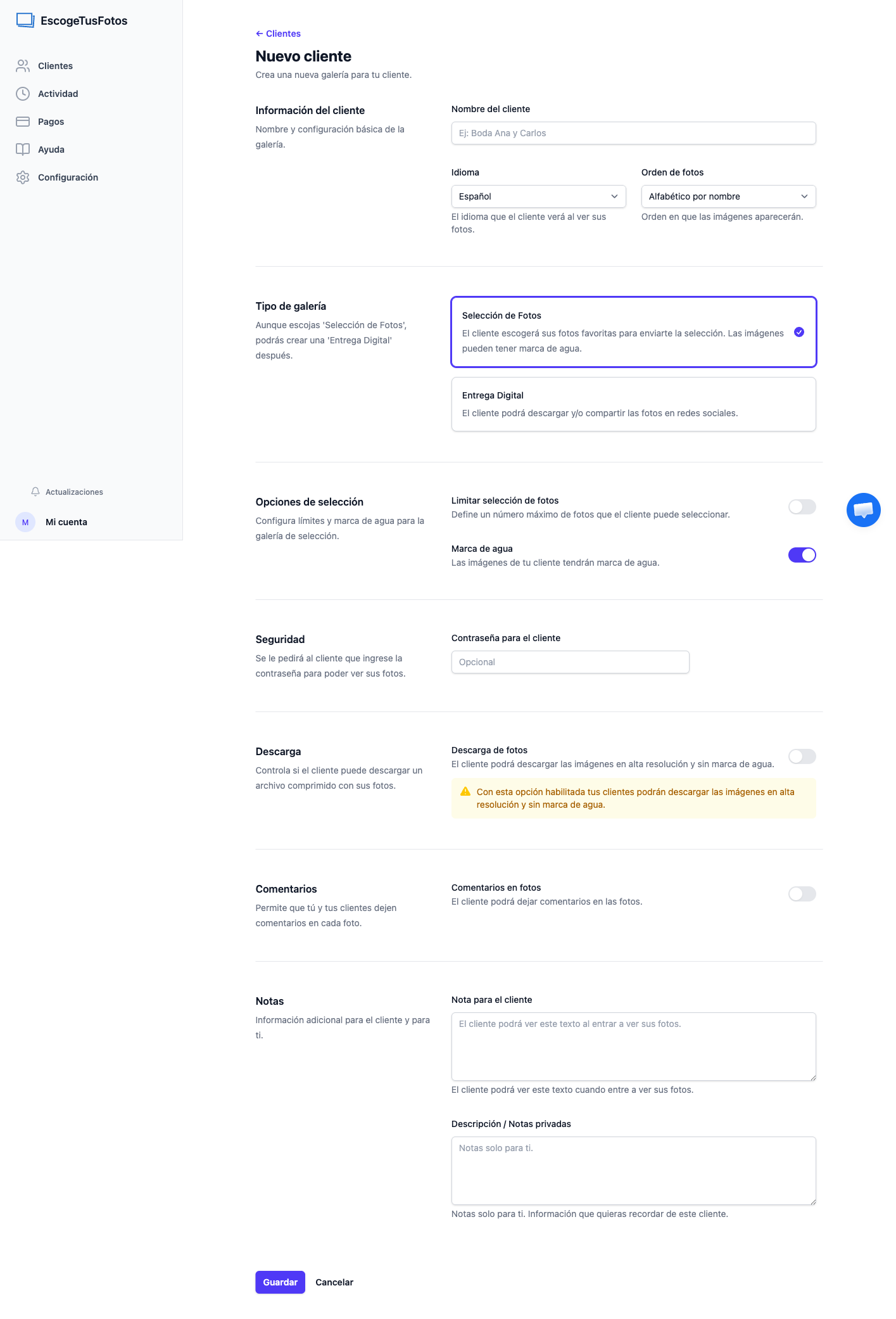 Formulario para crear un nuevo cliente