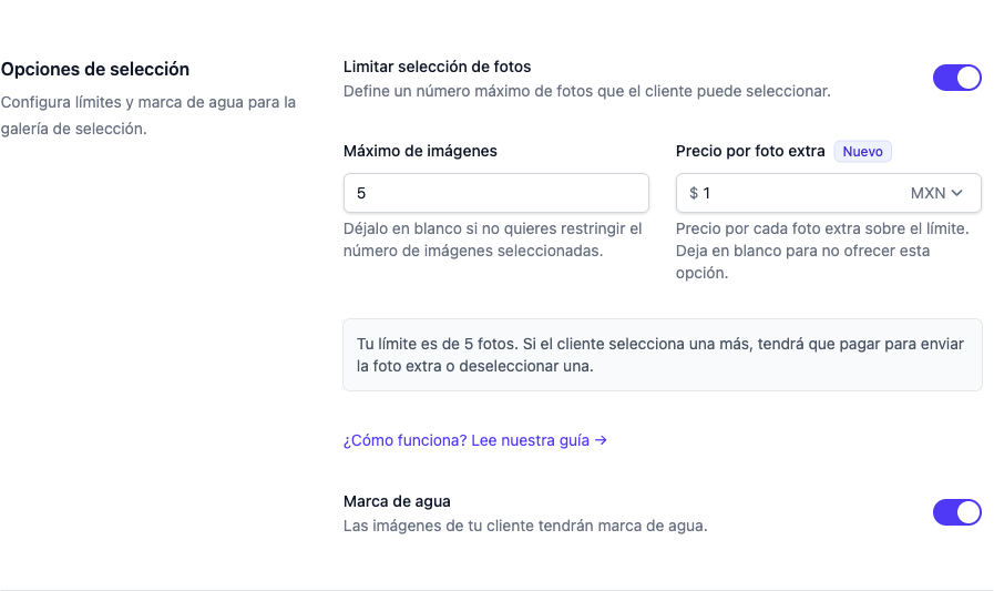 Configuración de precio por foto extra
