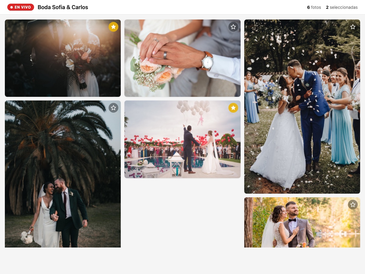 Galería en vivo mostrando fotos de una boda
